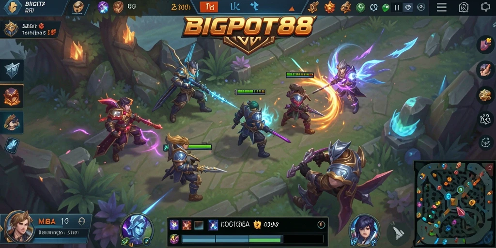 Screenshot utama <strong>BIGPOT88</strong> menampilkan pertarungan karakter MOBA yang seru.