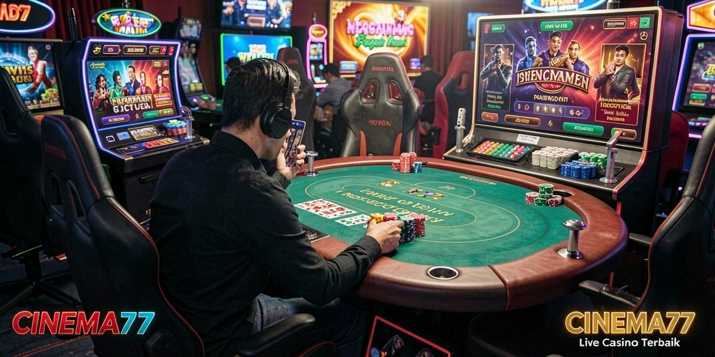 Screenshot gameplay Live Casino di CINEMA77 menunjukkan dealer profesional dan suasana kasino yang realistis.
