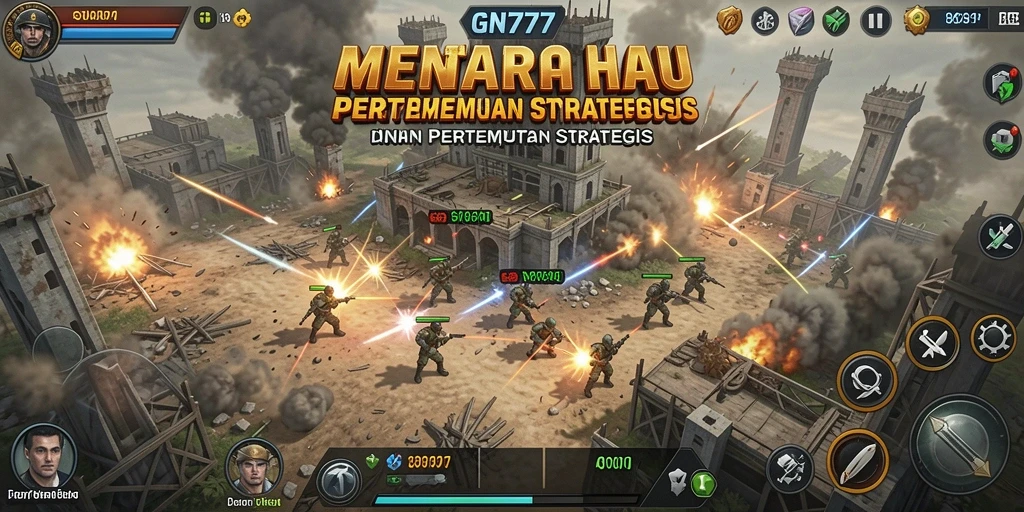 Screenshot gameplay GN777 menampilkan menara dan strategi bertahan yang menarik.