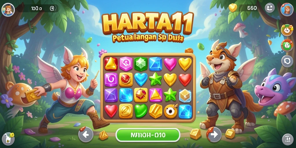 Screenshot gameplay HARTA11 menampilkan pengalaman menyenangkan mencocokkan harta karun.