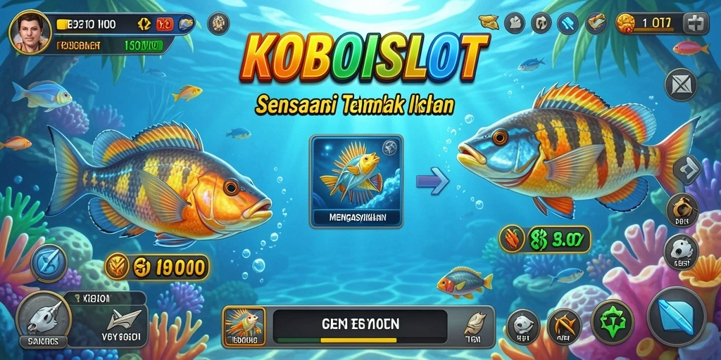 Tangkapan layar gameplay KOBOISLOT menampilkan aksi seru menangkap ikan.