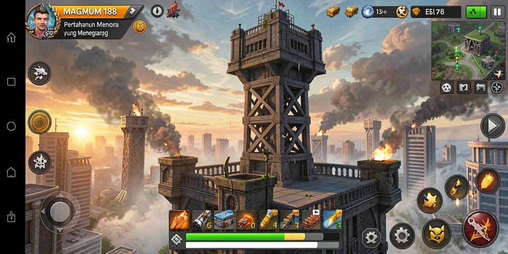 Tampilan gameplay MAGNUM188 yang menegangkan dalam pertahanan menara.