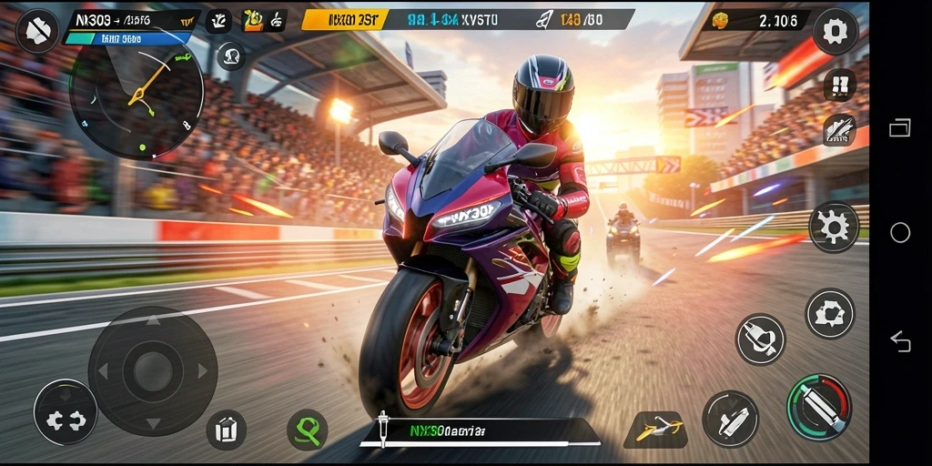 Screenshot gameplay NX303 menampilkan aksi balapan motor yang mendebarkan.