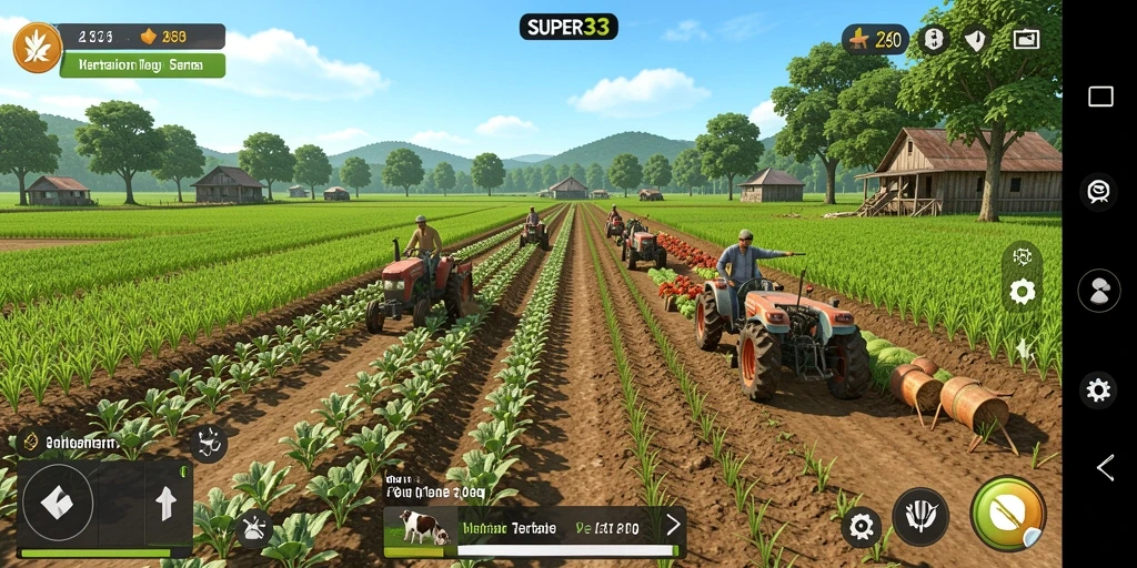 Screenshot SUPER33 menampilkan gameplay bertani yang menarik dan interaktif.